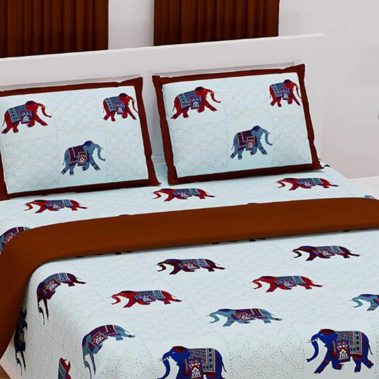 100% Cotton Sheets Elephant Printed Premium Bedsheet Soft 3-piece Fitted Sheet with Breathable Pillowcases Deep Pockets 150 Thread Count (king Queen Twin)
